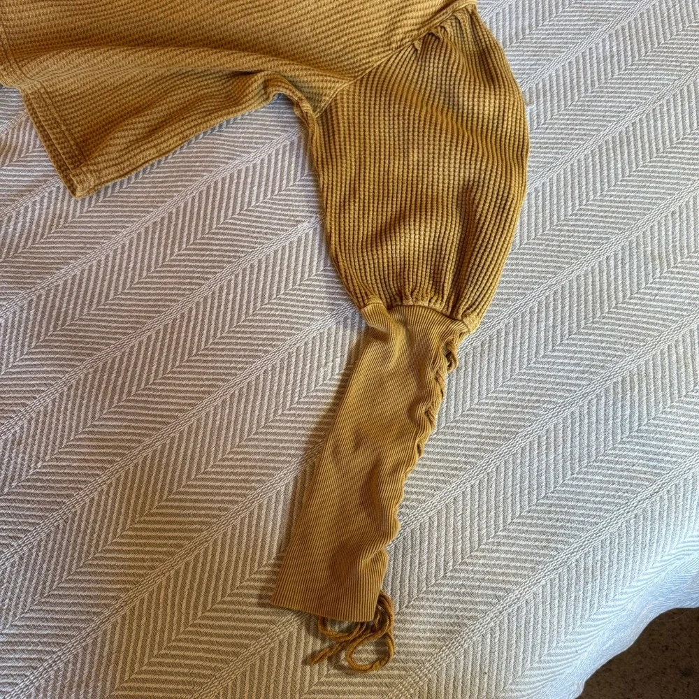 Free People FP One Tasha Cropped Thermal Mustard Yellow Waffle Sleeve Top Medium